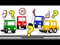 🚷 Apprendre les panneaux de circulation pour enfant. Dessin animé sur les 4 voitures colorées.