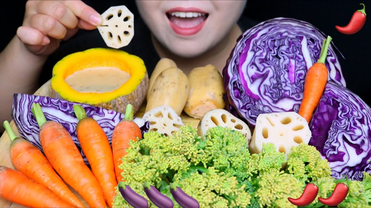 ASMR VEGGIE PLATTER.6/7 CHALLENGE. BABY BROCCOLI, PURPLE CABBAGE, PUMPKIN, LOTUS ROOT.CRUNCHY SOUNDS