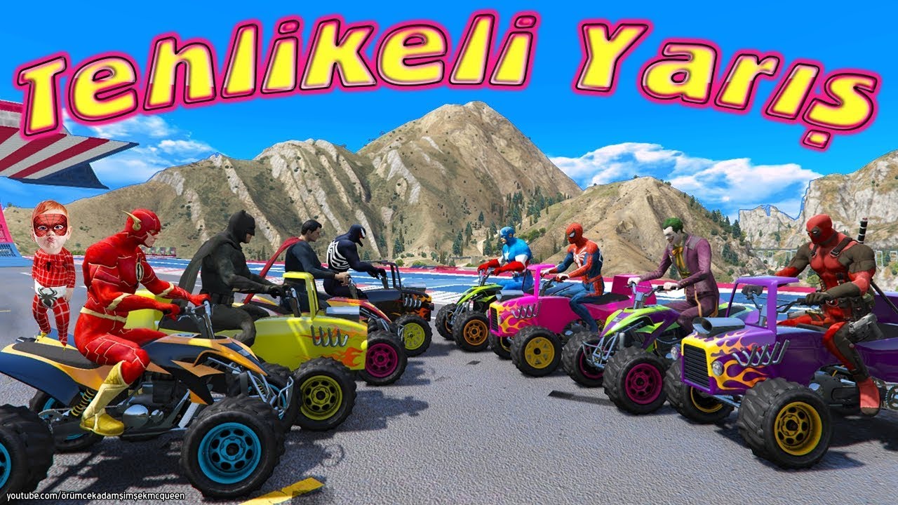 Tehlikeli Yarış Örümcek Adam ve Süper Kahramanlar ATV Yarışı Yapıyor