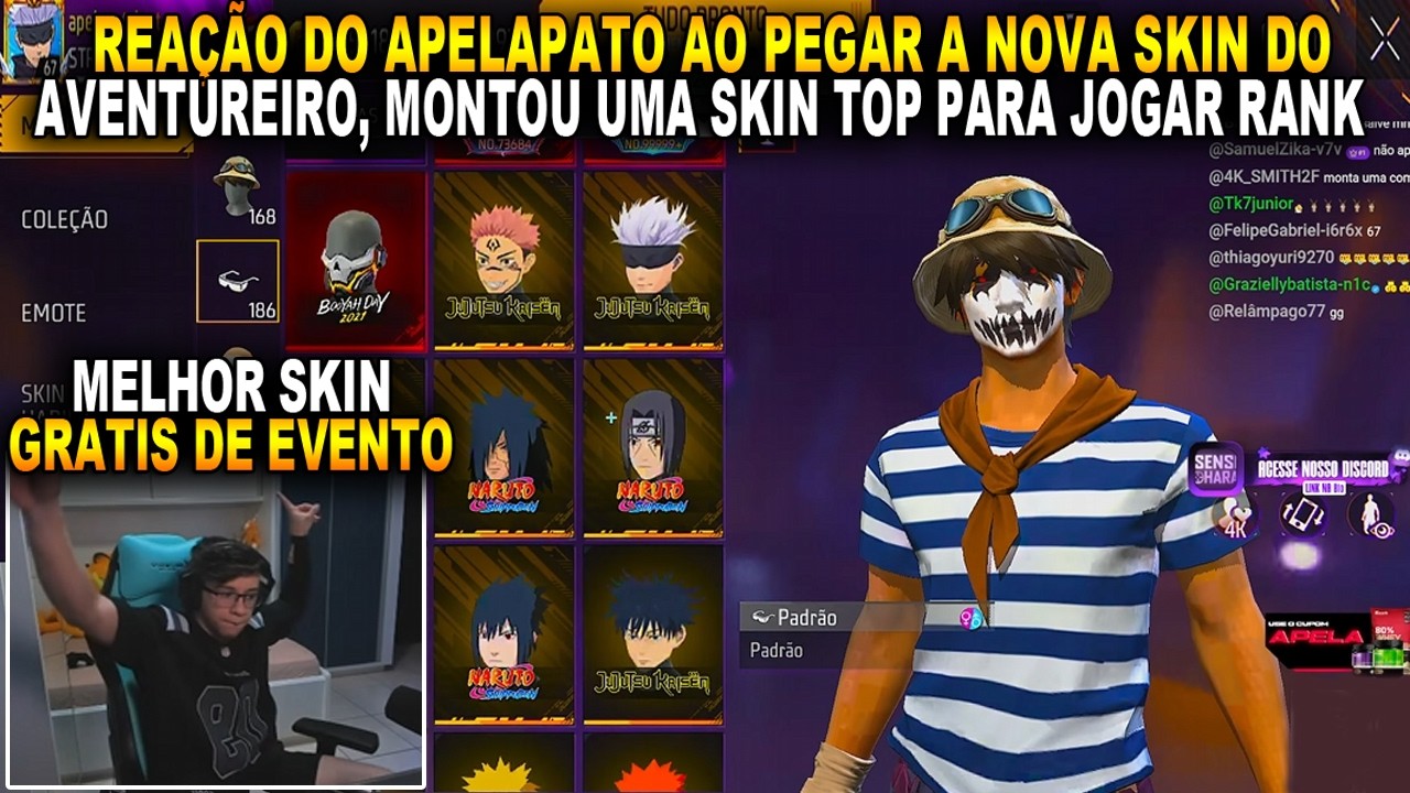 REAÇÃO DO APELAPATO AO PEGAR A NOVA SKIN DO AVENTUREIRO, MONTOU UMA SKIN TOP PARA JOGAR RANK