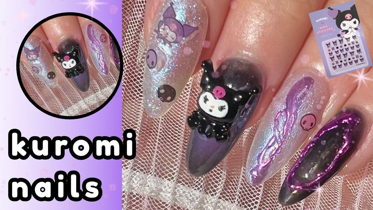 kuromi purple & black nails  💜🖤 cute sanrio nails | daiso, shein