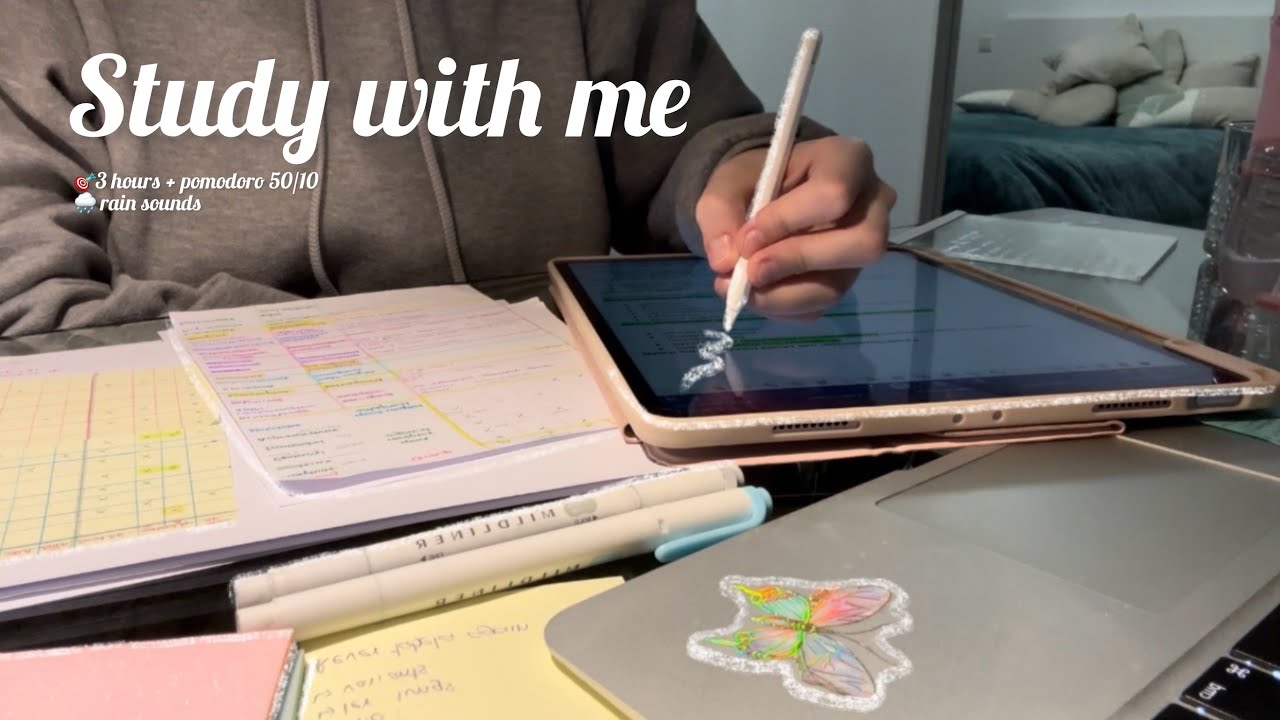 3 HOUR STUDY WITH ME | pomodoro 50/10 + rain sounds