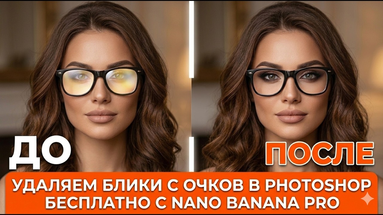 Удаляем блики с очков в Photoshop. Часть 2. Делаем БЕСПЛАТНО в Nano Banana Pro!!!