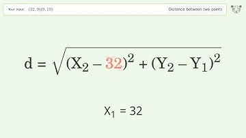 Find the distance between two points p1 (32,9) and p2 (9,19): Step-by-Step Video Solution