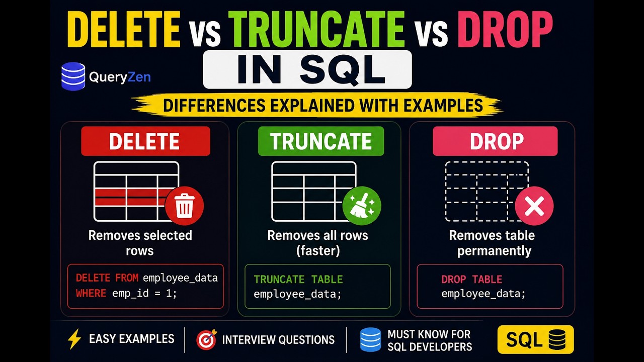 Remove Sql Query Truncate DELETE vs TRUNCATE vs DROP in SQL | SQL Interview Questions Explained 🔥 ...