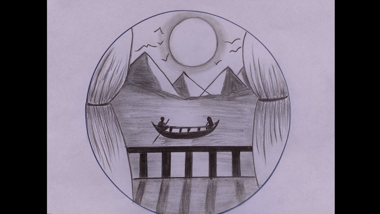 How to draw easy circle sunset scenery with pencil, Easy pencil drawing ...