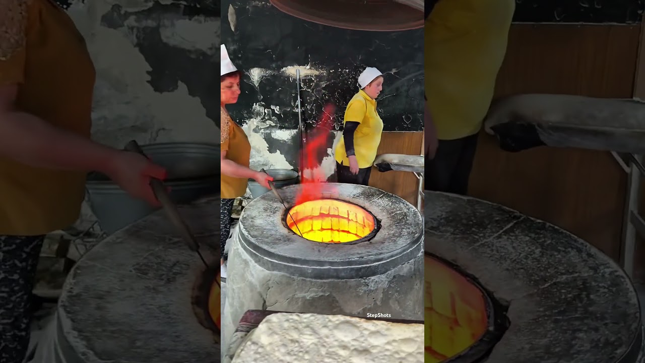 Baking Armenian traditional lavash bread in a hot fire 🔥