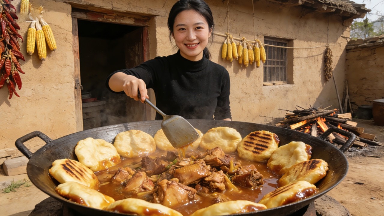 河南媳妇秘制柴火地锅鸡，贴饼吸满汤汁超入味，好吃到全家都停不下来！#农村美食 #乡愁记忆 #人间烟火  #农村年味