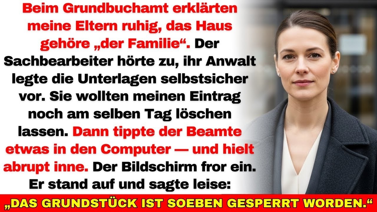Meine Eltern wollten mir mein Haus heimlich entziehen — bis das Grundbuch plötzlich gesperrt wurde