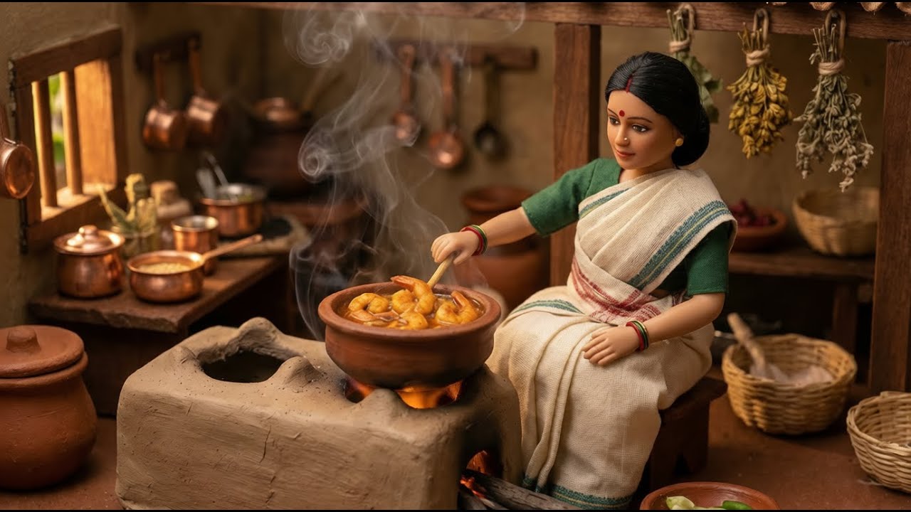 Miniature Doll Fish Curry & Roti Cooking ASMR | Indian Village Tiny Kitchen Story