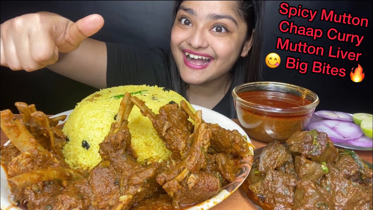 SPICY MUTTON CHAAP CURRY 🔥AND MUTTON LIVER MASALA WITH BASANTI PULAO | BIG BITES | FOOD EATING SHOW