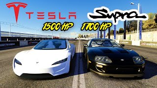 1700HP TOYOTA SUPRA VS 1500HP TESLA ROADSTER DRAG RACE | Assetto Corsa