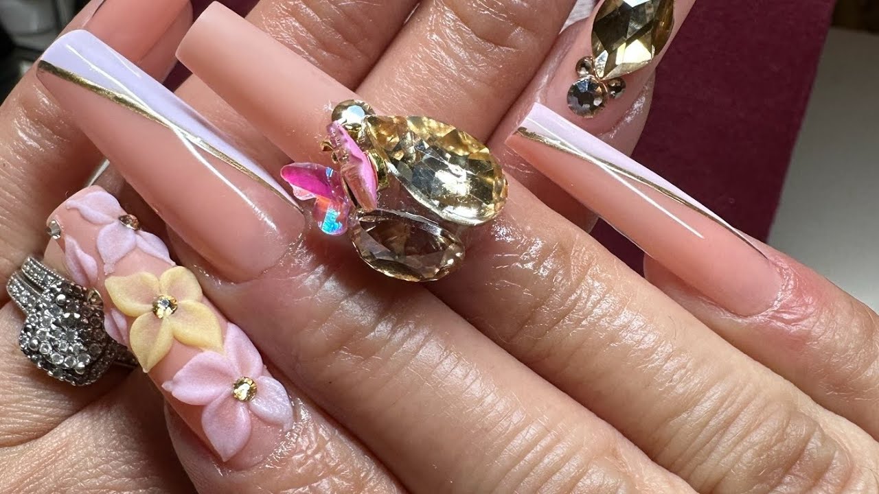 How to :Luxury press on nails | using Rubber base gel | 3d flowers