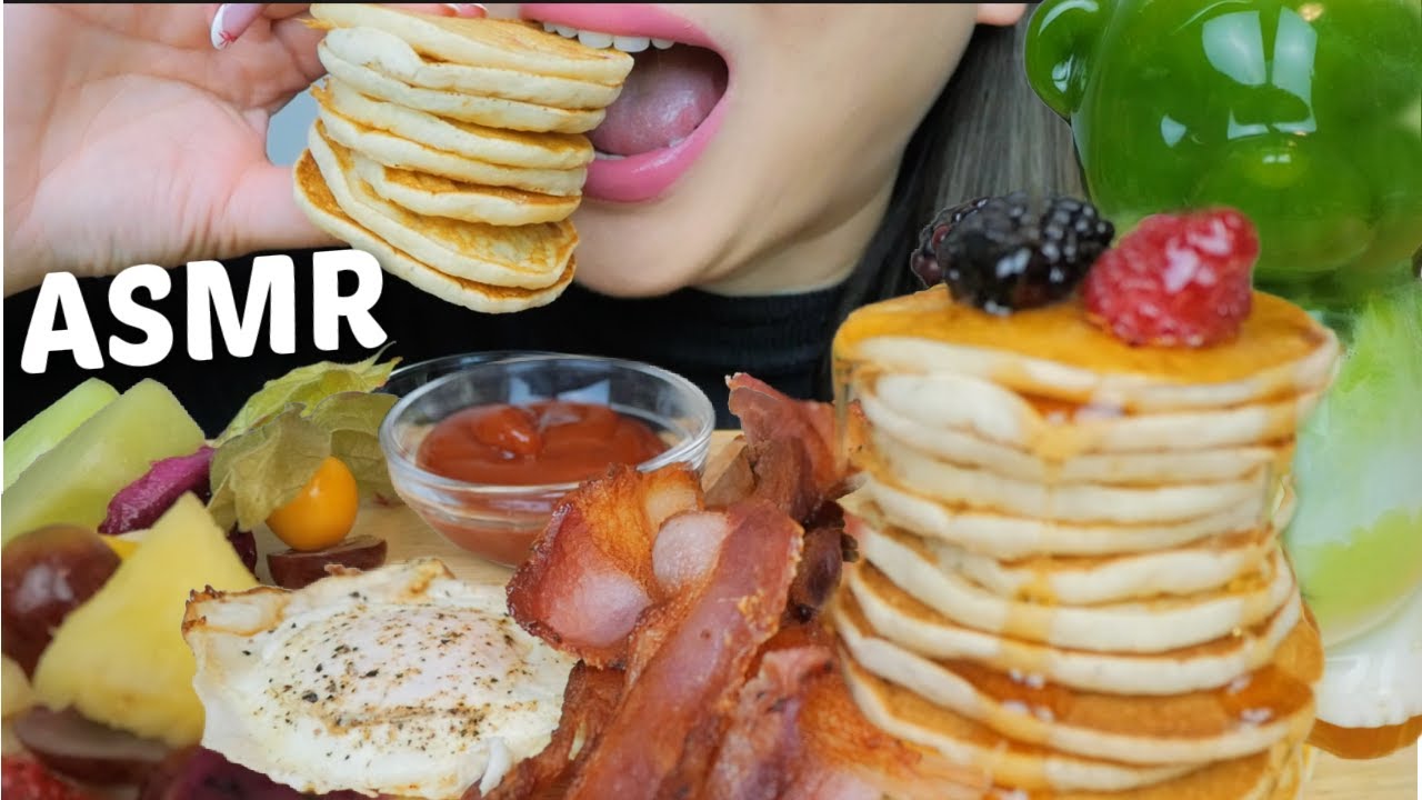 Mini Pancakes Stacks, Bacon & Egg with Exotic Fruits *NO Talking Eating Sounds | N.E Let's Eat