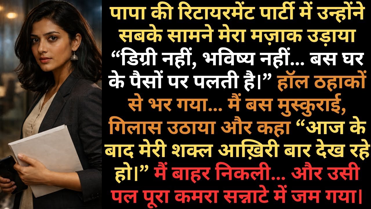 पापा ने रिटायरमेंट पार्टी में मुझे “नालायक” कहा… मैंने बस एक लाइन बोली और सब सन्न रह गए!