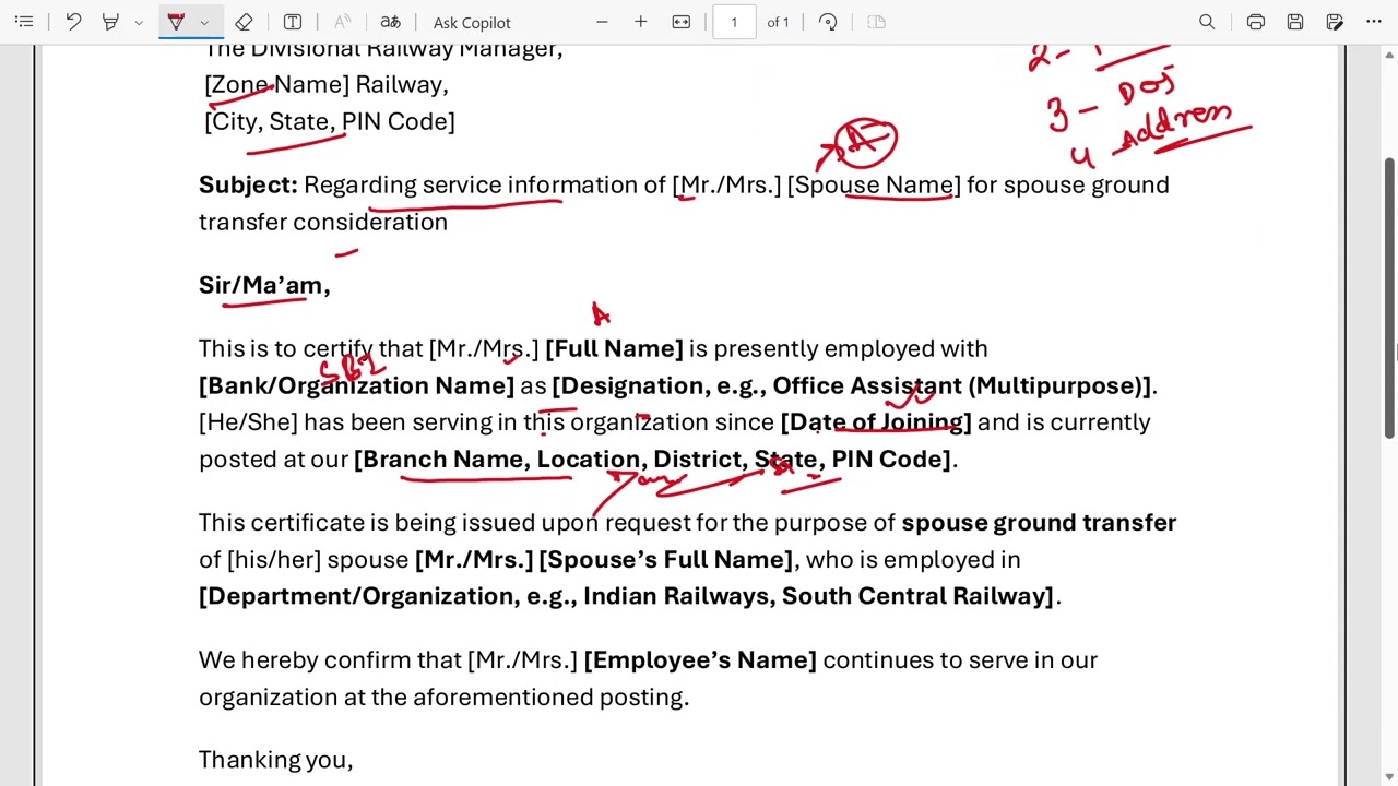 How to Write Service Information Letter for Spouse Ground Transfer | Full Format 2025