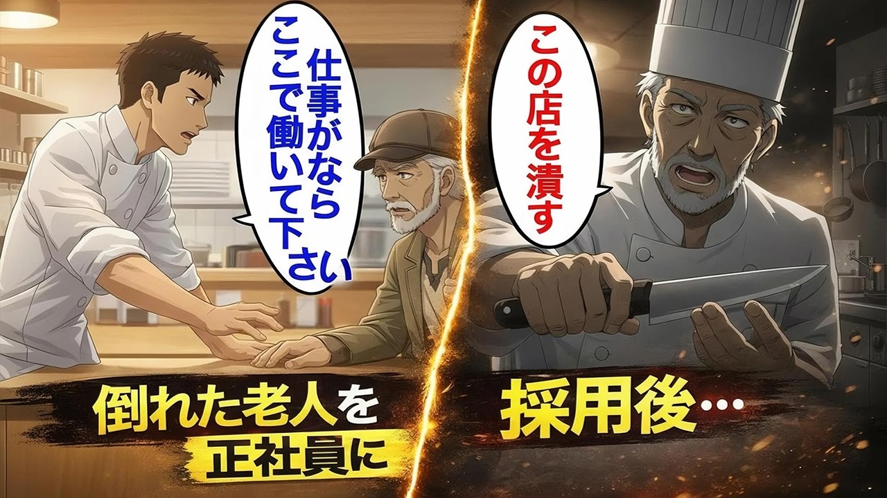 【漫画】真冬の店前に倒れていたボロ服の老人を正社員採用し降格された店長。老人「この店をつぶす」店員「え？」【スカッと】