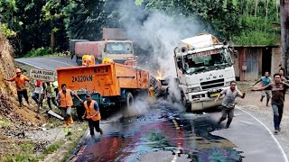 NO DRAMA..ASLI NYATA PERJUANGAN SOPIR TRUK DI JALAN EKSTRIM,BAN NYARIS COPOT DAN BERASAP.