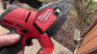 Using the Milwaukee Mini Chainsaw. Trimming an overgrown burning bush. Shopping at Fleet Farm Too.