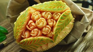 Papaya carving leaves and rose design | fruit carving | by chef namtarn