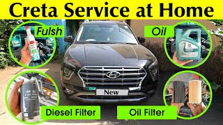 How To Change & Flush Creta Bs6 Car Engine oil | Oil filter | Diesel Fuel filter Service at Home