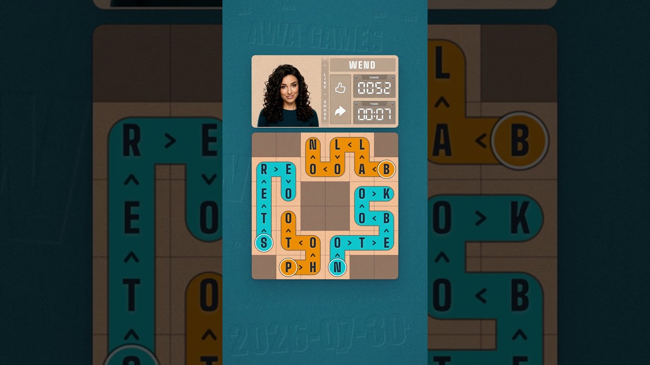LinkedIn Wend #52 solved board for July 30, 2026, 6x6 grid
