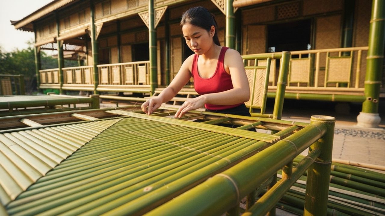 A Young Woman Builds A Bamboo Dining Table With Her Own Hands And Constructs A Kitchen In The Forest