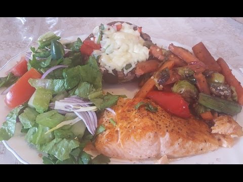 Grilled Atlantic Salmon, Grilled Vegetables, Stuffed Mushroom, Garden Salad