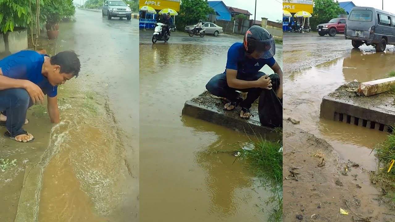 Unclogging Culverts Drain Flood Rain On Street Road While Raining - YouTube