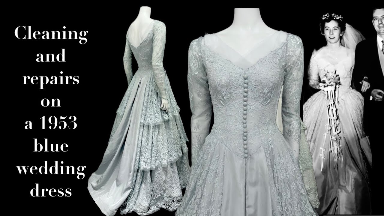 A test of patience! Cleaning and repairs on a 1950’s blue lace wedding dress.