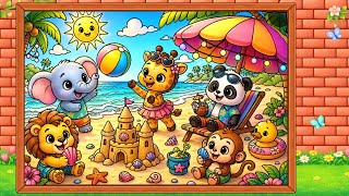 Animals Picnic at the Beach Drawing for Kids Step-by-Step Coloring Page Tutorial