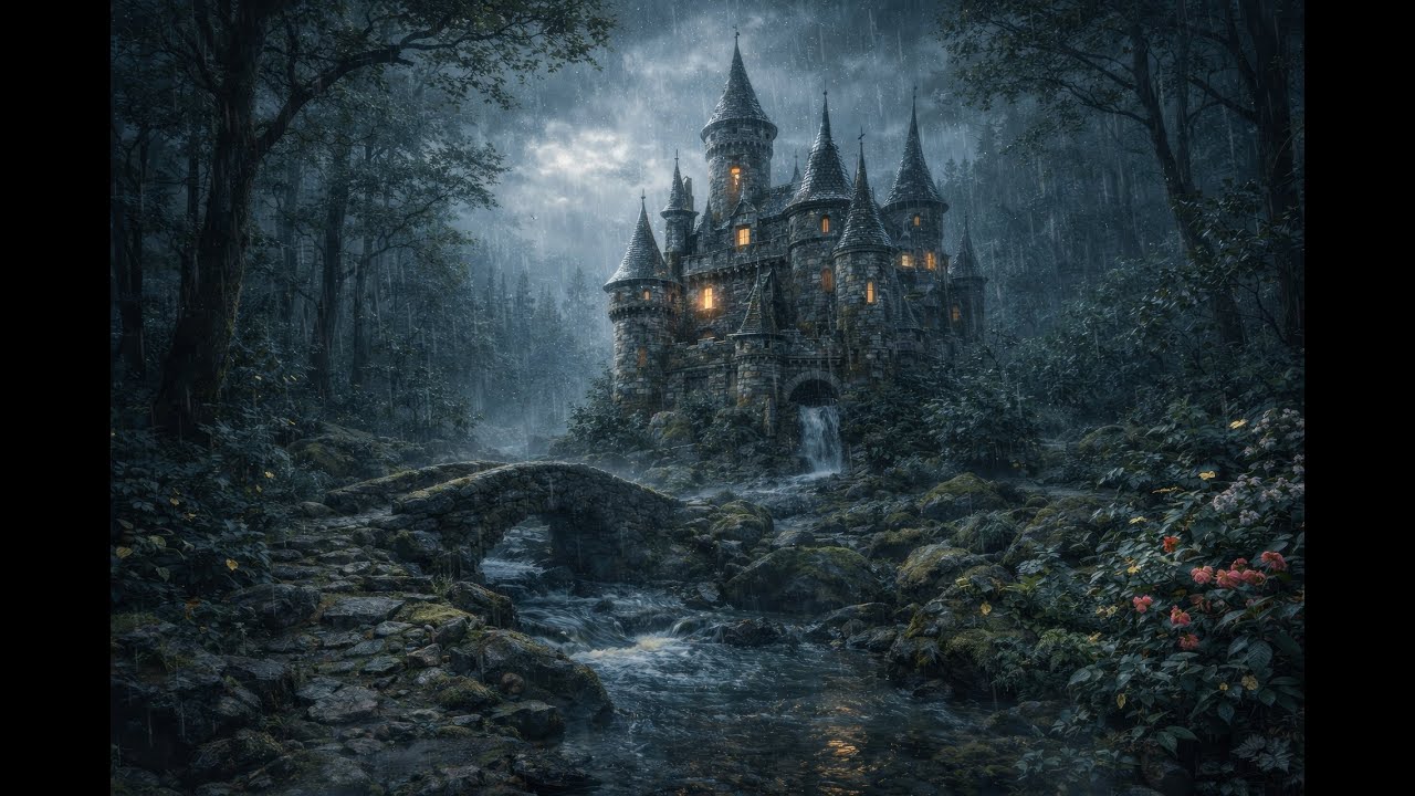 Rainy Castle Night Ambience 🌧️🏰 Rain, Stream & Soft Music for Sleep and Relaxation