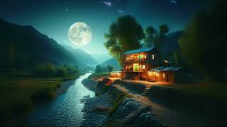 Night Nature,ASMR,Ambiance view of the house next to river,in the village,Full Moon,Relaxation,AFG2