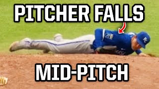 Pitcher fell down on the mound, a breakdown