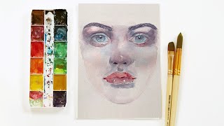 Real Time Woman Watercolor Painting Tutorial - Portrait of a female Face, Step by Step, Full length