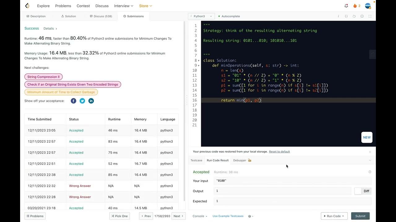 leetcode 1758 Minimum Changes To Make Alternating Binary String single ...