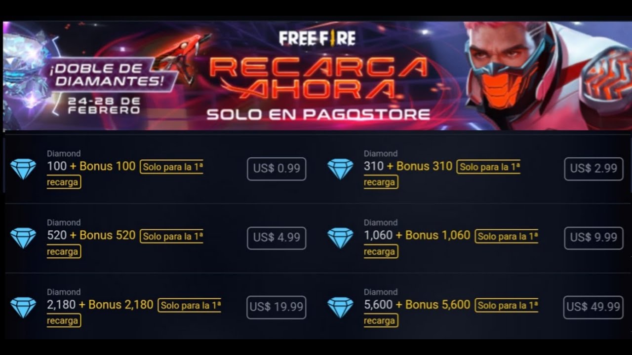 NUEVA RECARGA DOBLE DE DIAMANTES FREE FIRE HOY. ¡¡YA SALIO!! NUEVO BONUS DE RECARGA EN PAGOSTORE