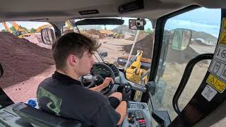 CAT 908M Wheel Loader Loading Trucks on a Busy Day!  Cab POV