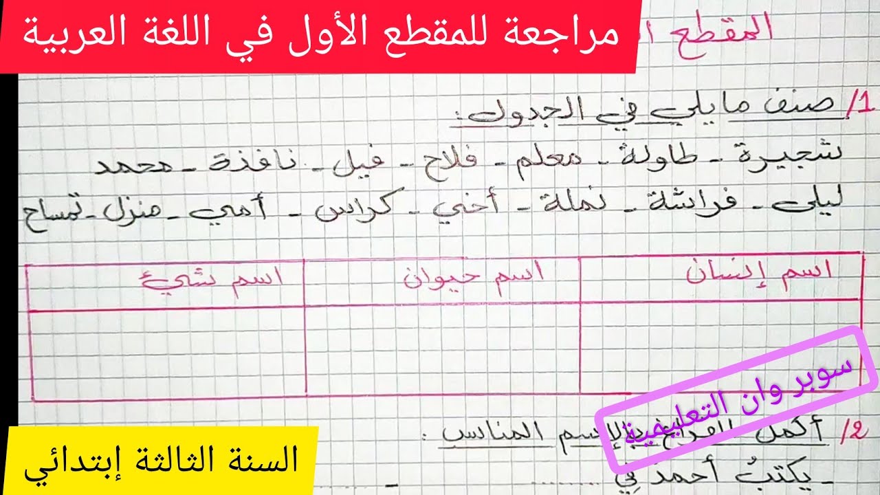 مراجعة اللغة العربية للمقطع الأول للسنة الثالثة إبتدائي (الفعل ، الإسم)