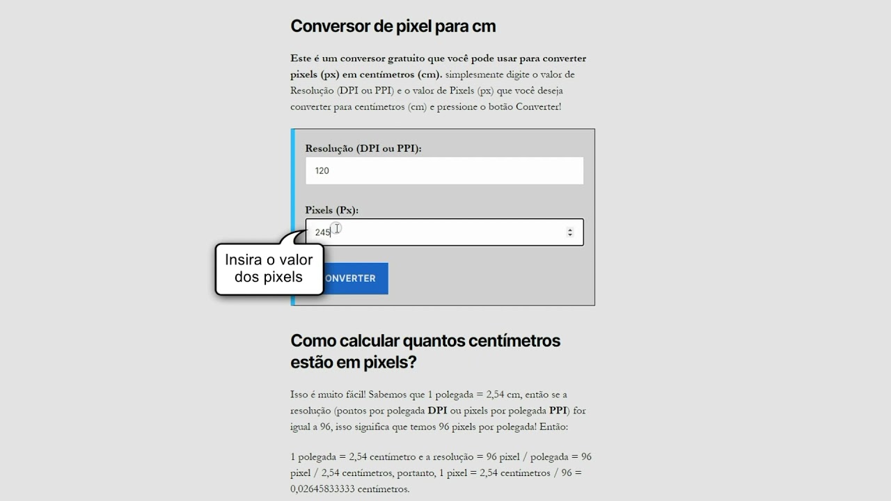 Como usar o conversor de pixel para cm