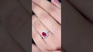 Pear Lab Grown Ruby Halo Engagement Ring | Ruby Diamond Halo Ring with Side Stones for Women