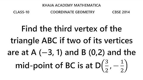 Find the third vertex of the triangle ABC if two of its vertices are at A (−3, 1) and B (0,2)
