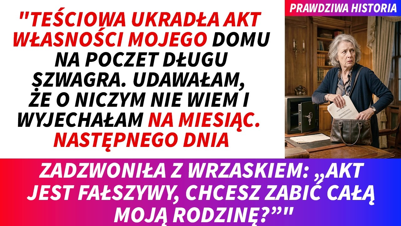 W środku nocy obudziły mnie szepty dochodzące z gabinetu. To był mój mąż i jego matka. Otwierali mój sejf, żeby ukraść akt notarialny mojego domu i zastawić go u lichwiarzy za długi hazardowe jego...