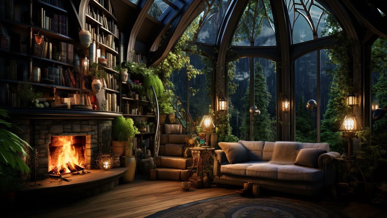 Cozy Living Room with Fireplace When It Rain | Relaxing Sound for Sleeping, Studying, Healing