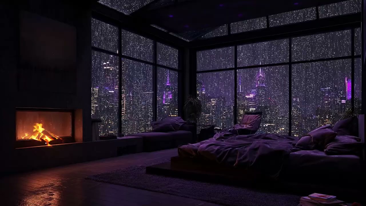 Rainy City Nights 🌧️ | Peaceful Piano Melodies with Fireplace Ambience for Calm Sleep & Work