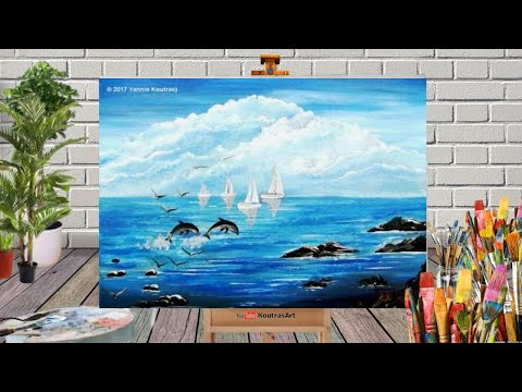 Sailboats and Dolphins - Acrylic Painting on Canvas for 