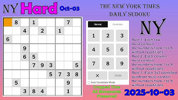 The New York Times Daily Sudoku 2025-10-03 Hard