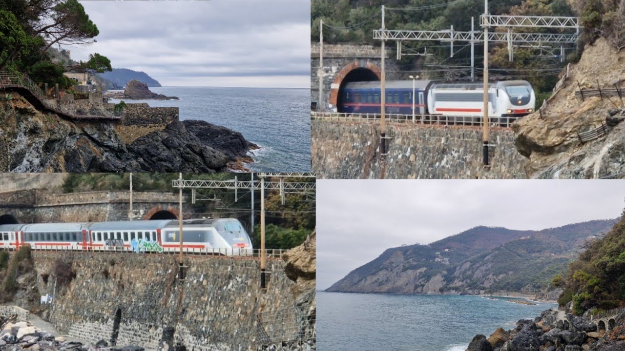 LA VIA DEL MARE (FRAMURA),PANORAMICA PASSEGGIATA SOSPESA SULLA SCOGLIERA + COMPILATION DI TRENI