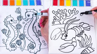 How to draw sea animals / crayfish, seal, sea ​​lion, sea horse