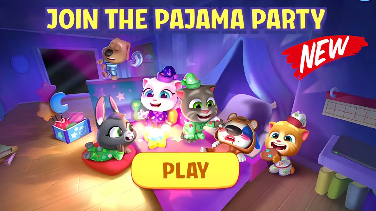 Pajama party in My Talking Tom Friends Christmas update New outfit unlocked New Mini-game Gameplay 